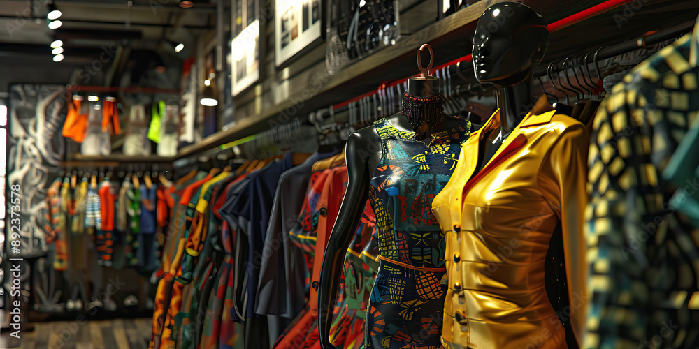 Obraz premium The Rhythm & Blues Boutique: A chic clothing store showcasing fashion designed by local African American designers.