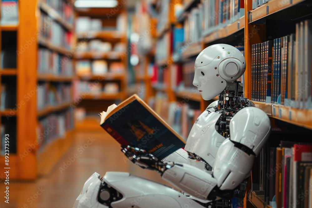 Futuristic Robot Reading a Book in Modern Library Futuristic Robot Reading a Book in Modern Library