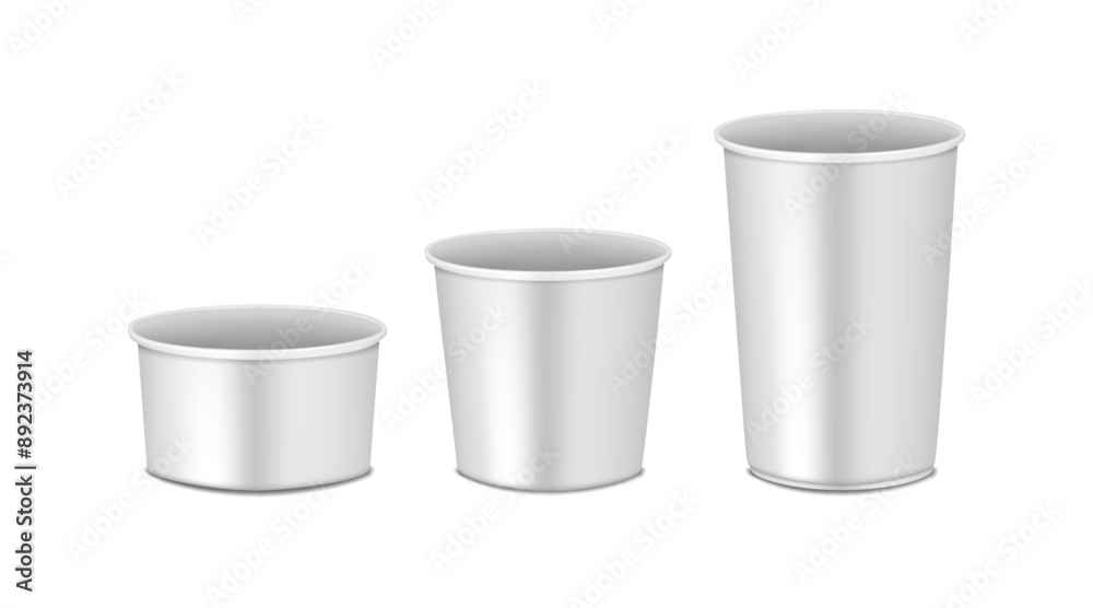 Empty round food container without lid set. 3d mockup. Bowl, cup. Realistic vector mock-up. Template for design Empty round food container without lid set. 3d mockup. Bowl, cup. Realistic vector mock-up. Template for design