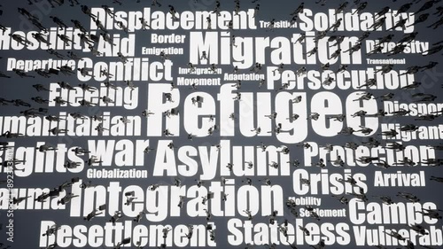 Refugee Migration Word Cloud And People Crowd