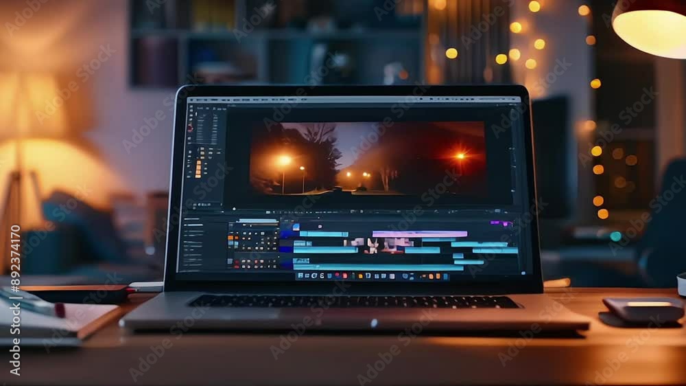 Video editing software or program opened on a laptop device monitor display screen placed on a table or desk in a home room or office interior, daytime sunlight, movie sequence, freelance work