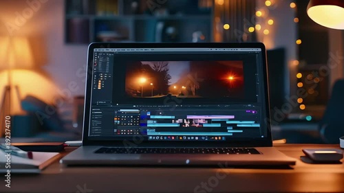 Video editing software or program opened on a laptop device monitor display screen placed on a table or desk in a home room or office interior, daytime sunlight, movie sequence, freelance work