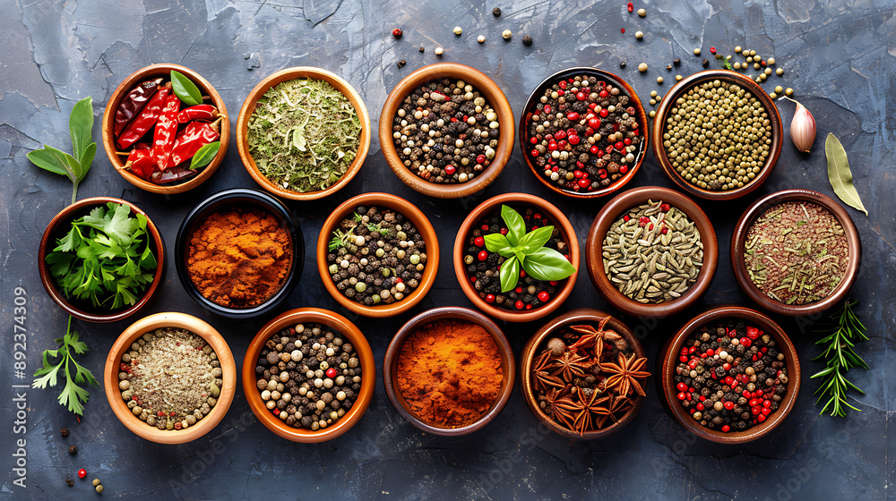 Variety of colorful spices and herbs in small bowls, arranged neatly on a dark background Variety of colorful spices and herbs in small bowls, arranged neatly on a dark background