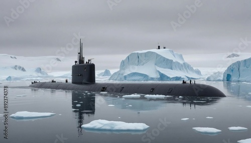 A submarine submerged in icy Arctic waters, with icebergs floating above and a pale, overcast sky
 photo