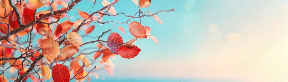 Obraz premium Red autumn leaves, multicolor foliage, bare tree branches, flat design illustration