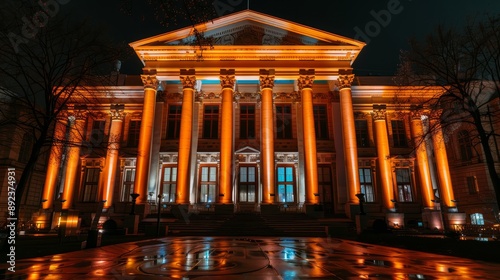 Illuminated classical building with columns and orange lights at night