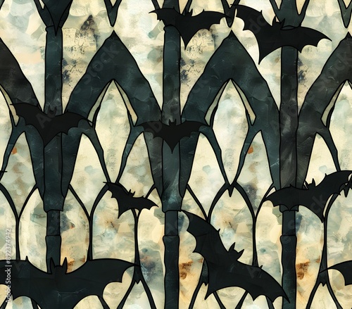 Seamless Pattern of Bats in Flight against Gothic Stained Glass Arches