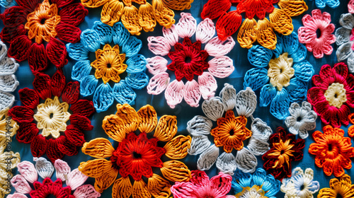 A colorful patchwork of flowers made from yarn