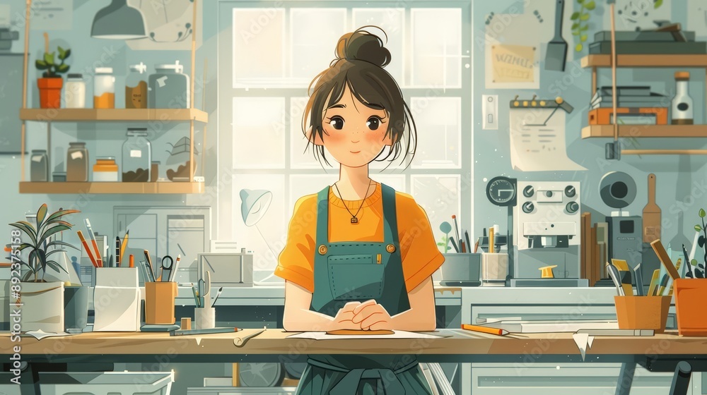 European female carpenter at workbench, flat design illustration, color ink and pencil, kawaii art European female carpenter at workbench, flat design illustration, color ink and pencil, kawaii art