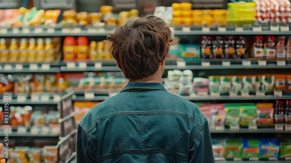 a man in a supermarket or grocery store looking at the shelf full of products, comparing prices and choosing what to buy, male customer behavior in a grocery shopping a man in a supermarket or grocery store looking at the shelf full of products, comparing prices and choosing what to buy, male customer behavior in a grocery shopping