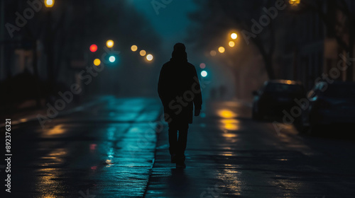 Silhouette of a Lone Figure Walking Along a Dimly Lit City Street