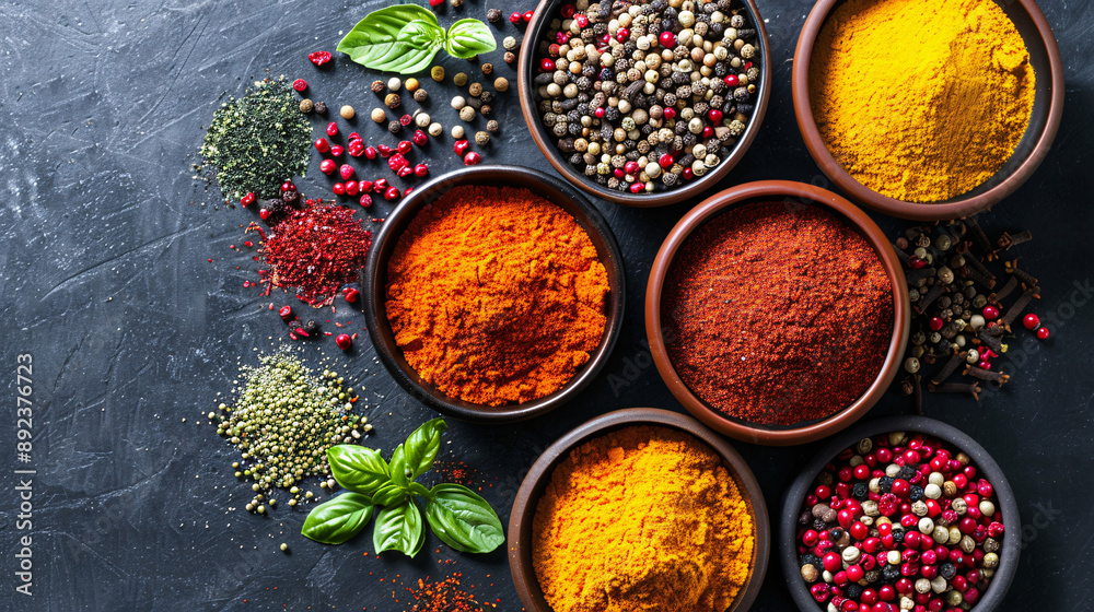 Fototapeta premium Colorful spices in small bowls arranged on a dark background