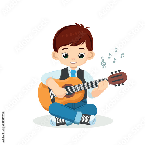 boy is  playing guitar vector illustration kids play music instruments 