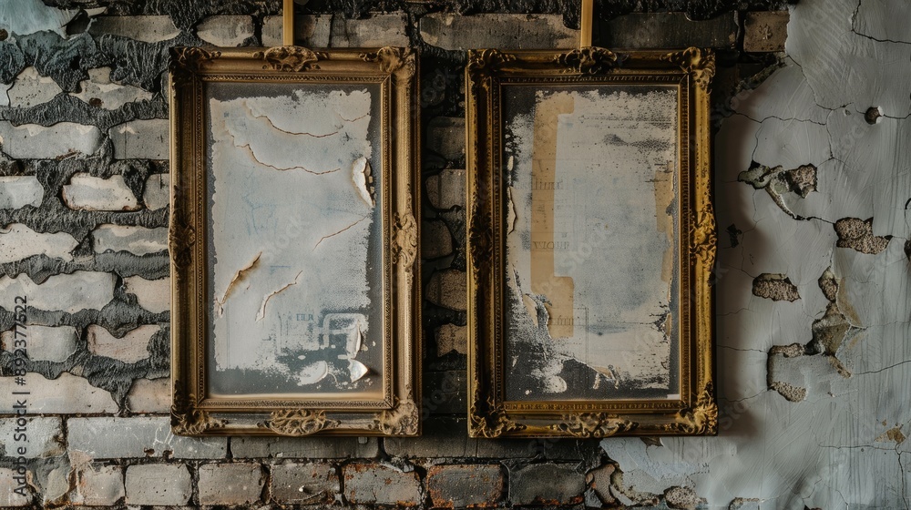 Naklejka premium Two antique postcard frames hung on pegs against aged brick wall palette