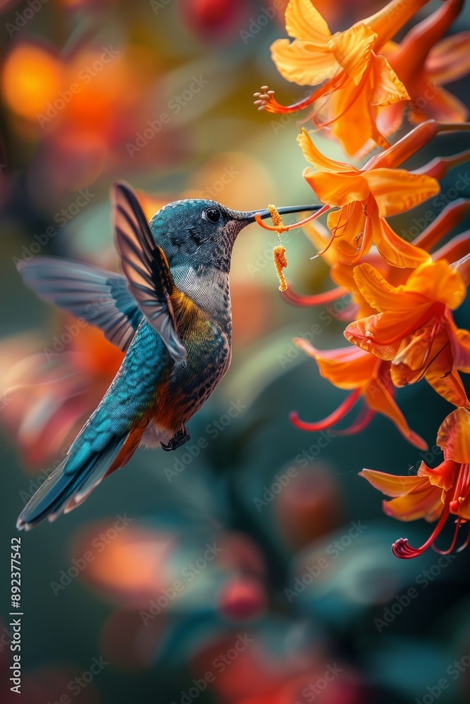 Fototapeta premium A hummingbird drinking nectar from a flower