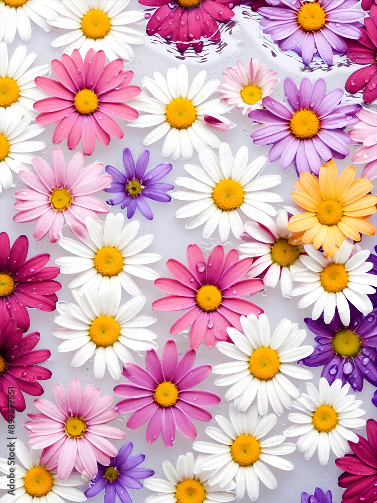 Colorful flowers with pink and purple petals in water on a white background
