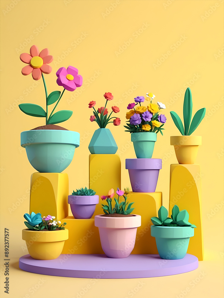 3D cartoon render of colorful flower pots on podiums, yellow background 3D cartoon render of colorful flower pots on podiums, yellow background