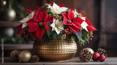 A festive Christmas floral arrangement with red and white poinsettias, holly, and pinecones in a golden pot