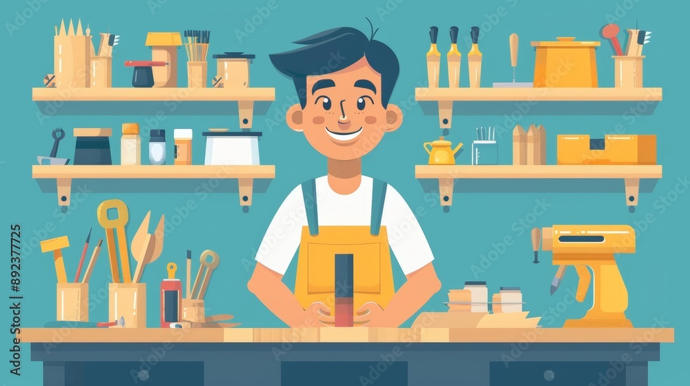 Indian male carpenter with chisel, vibrant background, flat design illustration, art deco, kawaii art Indian male carpenter with chisel, vibrant background, flat design illustration, art deco, kawaii art