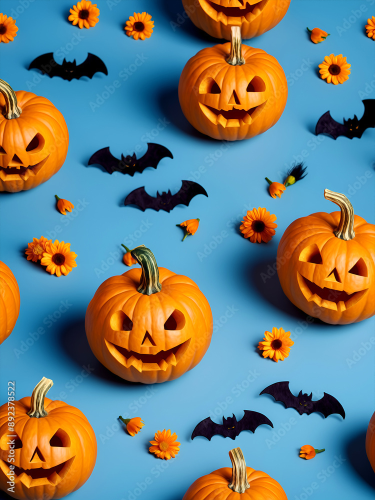 Halloween pumpkin with flowers, blue background Halloween pumpkin with flowers, blue background