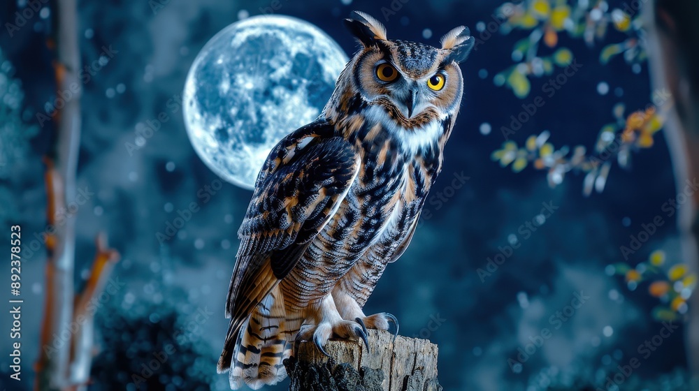 A majestic owl perched on a tree stump, illuminated by the full moon in a serene nighttime forest setting.
