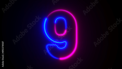 Neon number nine on dark ba...