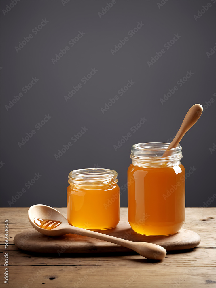 Honey jar, wooden spoon, rustic table, grey background Honey jar, wooden spoon, rustic table, grey background