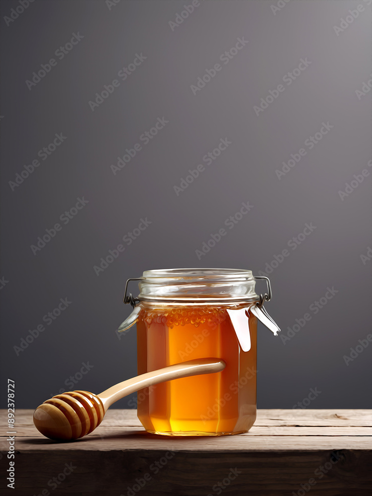 Honey jar, wooden spoon, rustic table, grey backdrop Honey jar, wooden spoon, rustic table, grey backdrop