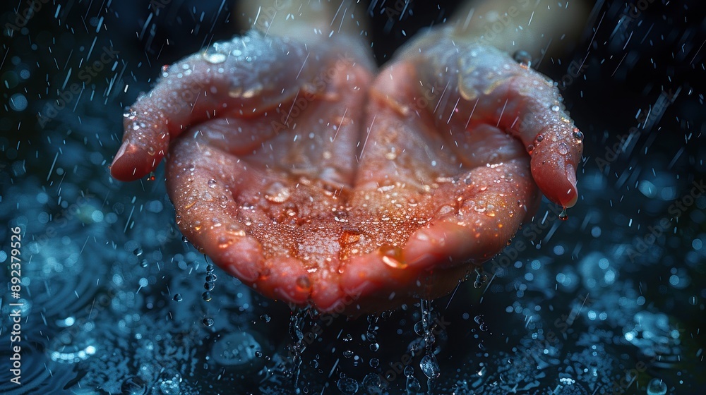 Fototapeta premium Hands cupped in the rain, catching droplets