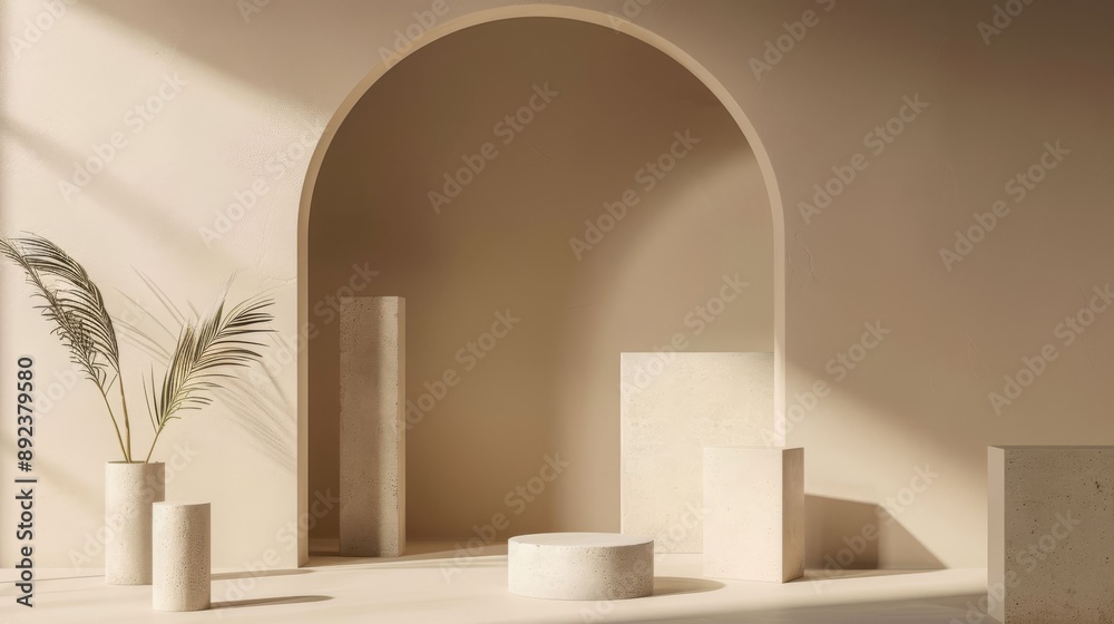 Minimalistic geometric stone product display platform with a soft beige background. Minimalistic geometric stone product display platform with a soft beige background.