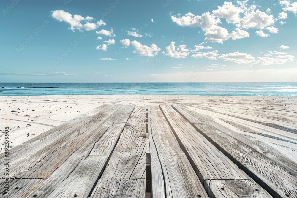 A wooden floor on a beach with the ocean in the background, perfect for coastal or beach-themed designs A wooden floor on a beach with the ocean in the background, perfect for coastal or beach-themed designs