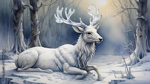 a white snow sculptured made out of ice in the form of a snow deer, the image should evoke a sense of awe and wonder, inviting viewers to embark on an imaginative journey. watercolour and ink by Cicel photo