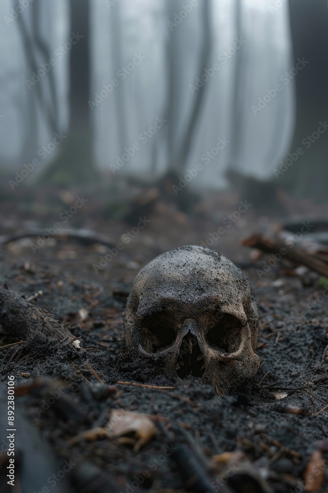 A solitary skull sits in the midst of a dense forest, surrounded by trees and foliage A solitary skull sits in the midst of a dense forest, surrounded by trees and foliage