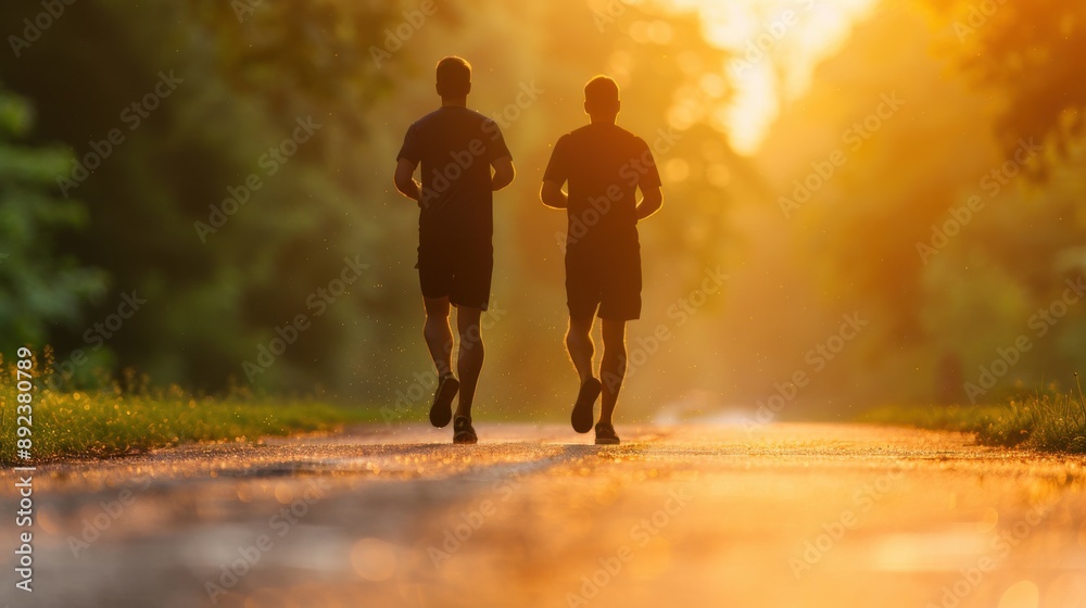 Two men jogging on a park path at sunrise. Two men jogging on a park path at sunrise.