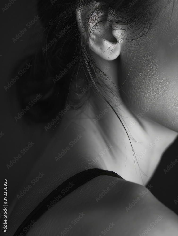 Obraz premium Close-up portrait of a woman's face in black and white, suitable for editorial or artistic use