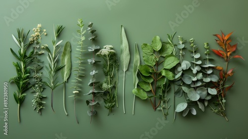 Wallpaper Mural A vibrant array of fresh green herbs and leaves displayed on a flat surface, showcasing nature's beauty and diversity. Torontodigital.ca