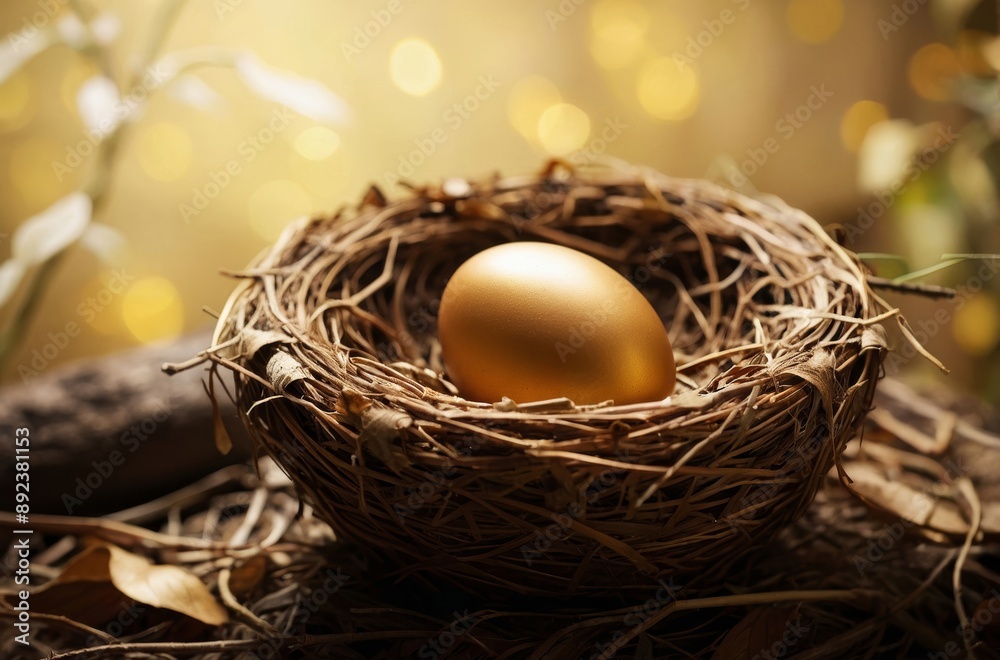 Golden egg rests in bird nest surrounded by blurred background of warm golden hues Golden egg rests in bird nest surrounded by blurred background of warm golden hues