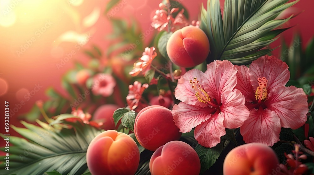 Peaches and hibiscus flowers bathed in sunlight Peaches and hibiscus flowers bathed in sunlight