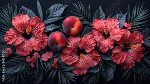 Red hibiscus flowers and peaches arranged amidst lush tropical foliage