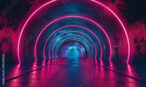 A neon-lit, grungy tunnel with futuristic vibes and glowing lights.