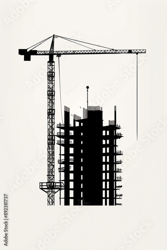 Illustration minimaliste en noir et blanc montrant une grue de chantier au-dessus d'un immeuble en construction, logo ou image pour entreprise de BTP, construction et bâtiment