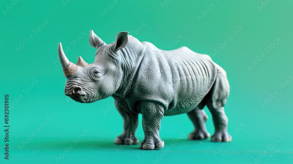 Fototapeta premium A detailed figurine of a rhinoceros against a vibrant green background.