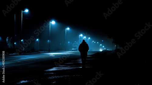 Mysterious Silhouette of a Person Strolling Down a Darkly Lit Urban Street