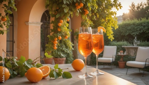 An Aperol spritz on a stylish patio in an Italian villa, with grapevines in the background and the golden hour light enhancing the ambiance. 