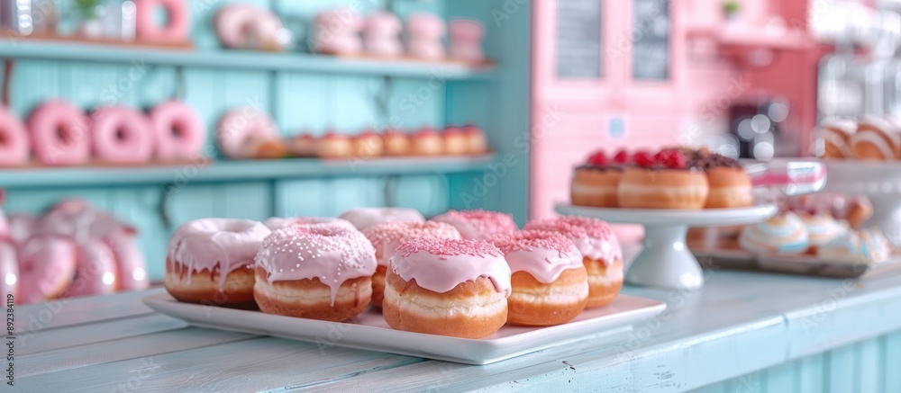 Pink Glazed Donuts on a White Plate in a Pastel-Colored Bakery Pink Glazed Donuts on a White Plate in a Pastel-Colored Bakery
