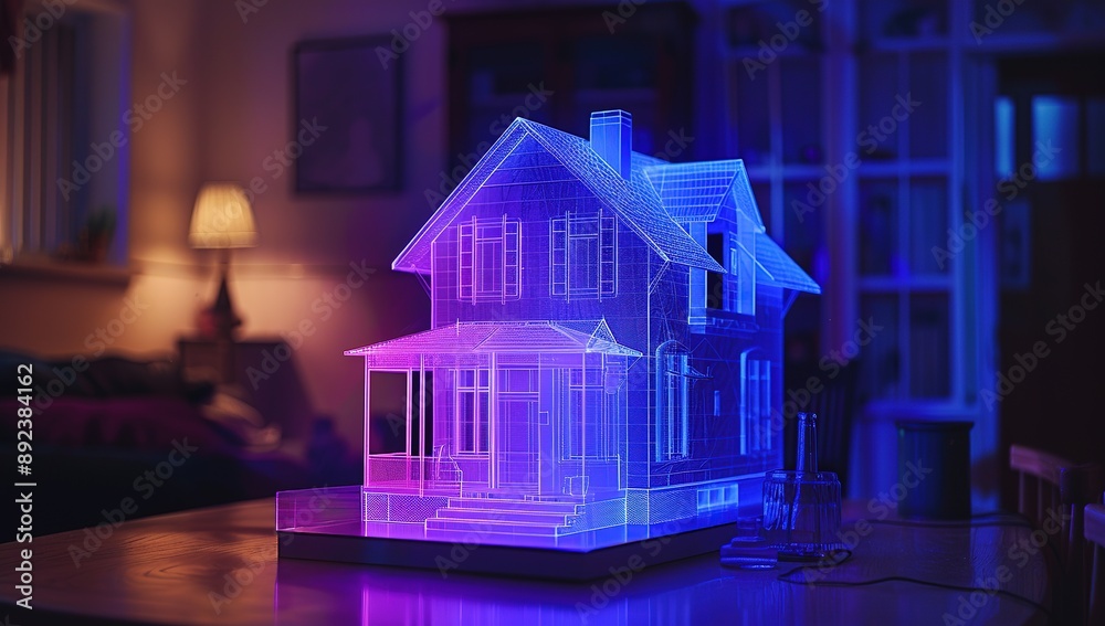 3D Hologram of Purple House Model on Table with Blurred Dark Blue and Violet Background and Warm Lighting 3D Hologram of Purple House Model on Table with Blurred Dark Blue and Violet Background and Warm Lighting