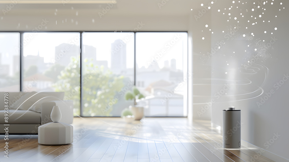 Fototapeta premium Modern living room with air purifier and sunlight streaming in