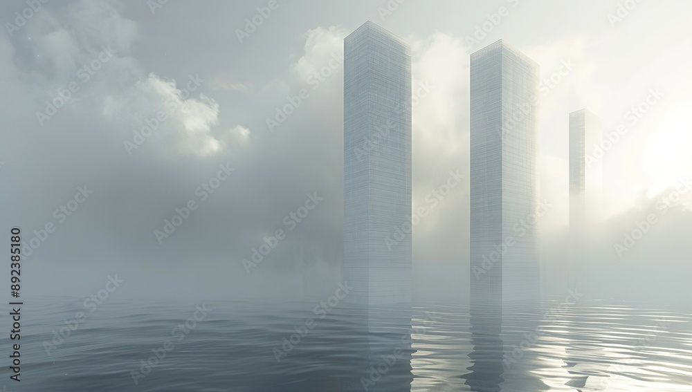 Fototapeta premium 3D Render of Tall Rectangular White Buildings Emerging from Water in Foggy Minimalistic Landscape