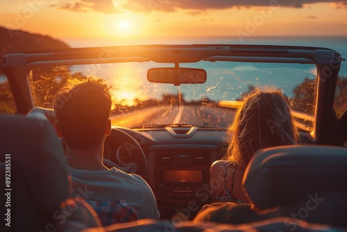 Couple enjoying sunset drive in convertible, with scenic ocean view ahead. Perfect for travel and adventure themes. photo