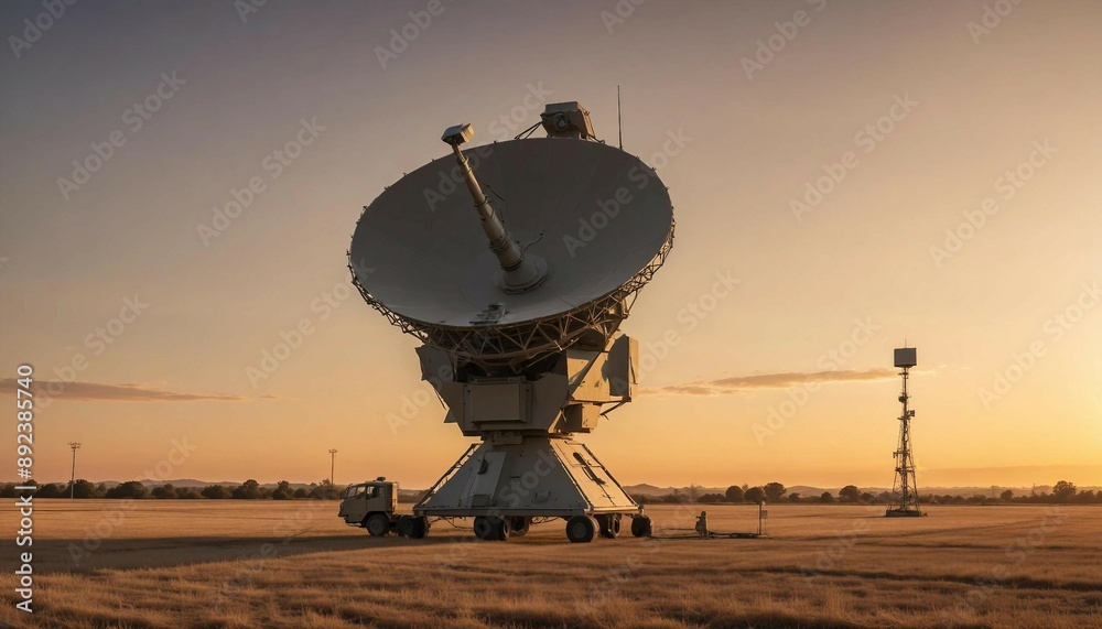 An air defense radar system set against a backdrop of a golden sunset, with long shadows stretching across the open field
An air defense radar system set against a backdrop of a golden sunset, with long shadows stretching across the open field